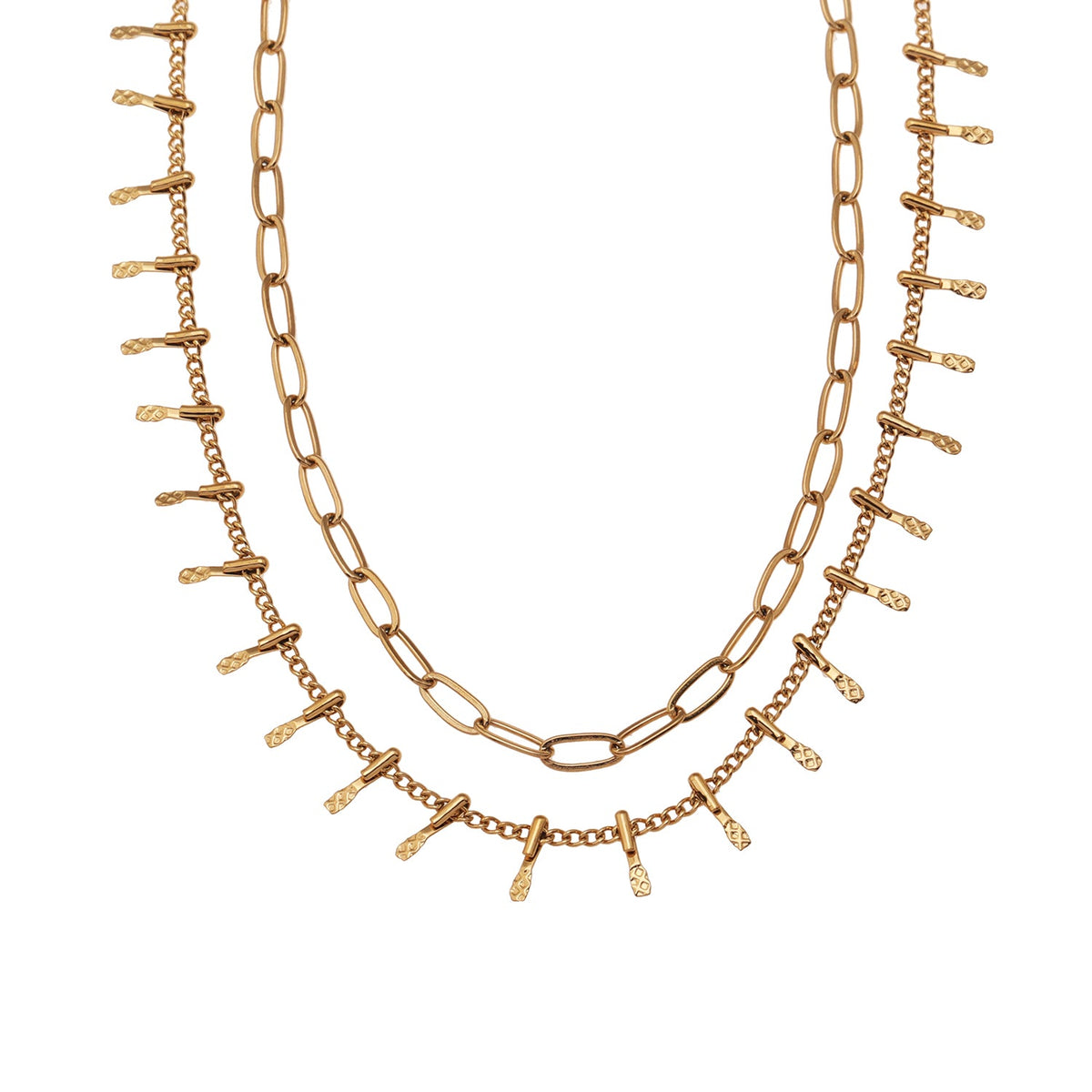 BRONTE : Collier superposé à 2 chaînes avec chaîne minimaliste à maillons trombone et chaîne à maillons ornée d'un crochet