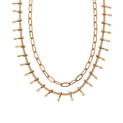 BRONTE : Collier superposé à 2 chaînes avec chaîne minimaliste à maillons trombone et chaîne à maillons ornée d'un crochet