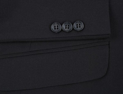 BUILD YOUR PACKAGE: Black Stretch Trim Fit Suit (Package Includes 2 Pc Suit, Shirt, Necktie or Bow Tie, Matching Pocket Square, & Shoes)