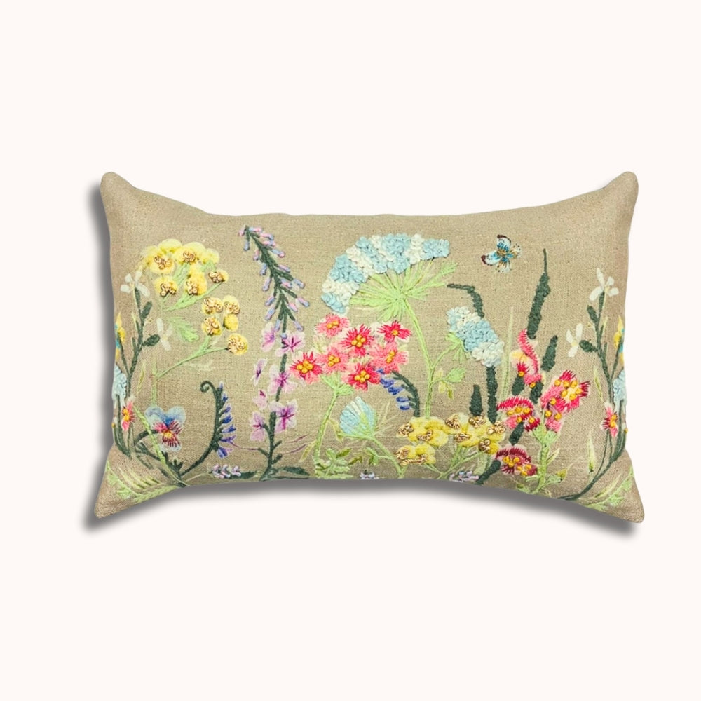 Oreiller Lombaire Brodé Fleurs Sauvages 30x50cm – Devant Coton, Dos Soie Papier