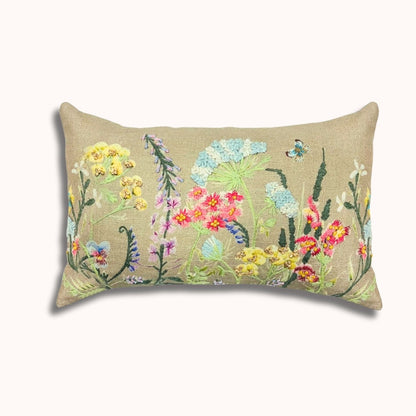 Oreiller Lombaire Brodé Fleurs Sauvages 30x50cm – Devant Coton, Dos Soie Papier