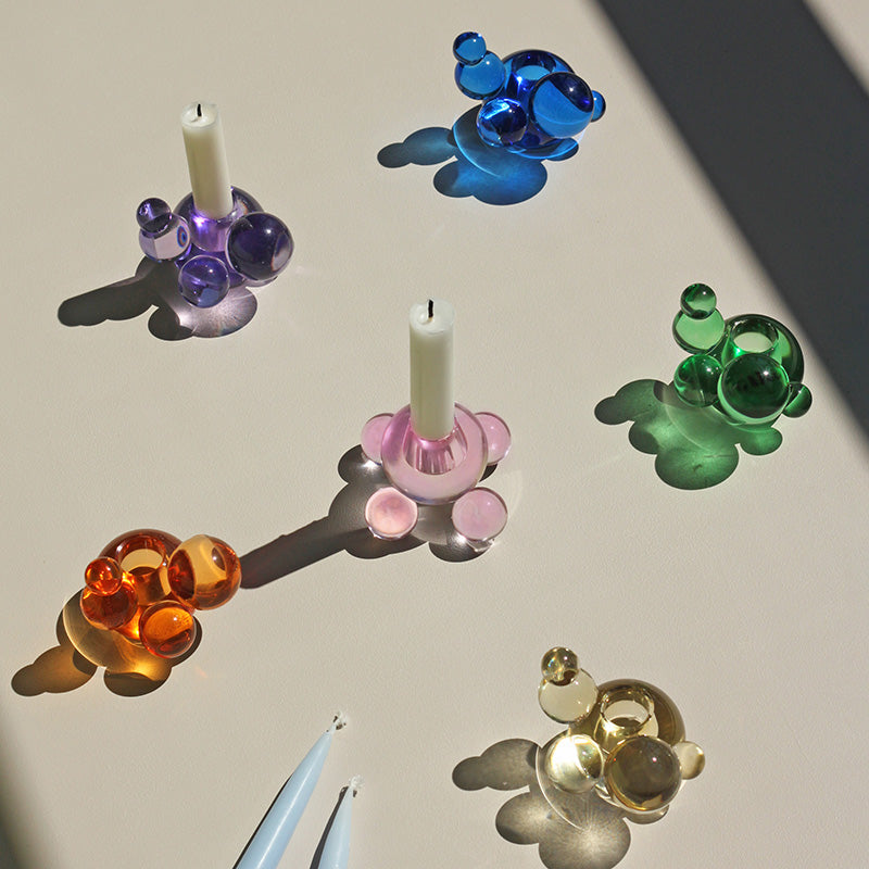 Bougeoir sphère à bulles - Base sphérique en verre de cristal rose