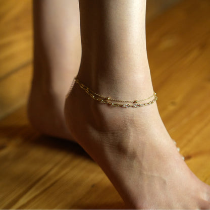 CASTILIA LG Gold Anklet:  Double Stacked Paper Clip Chain &  Beaded Chain - Dazzle in Duality