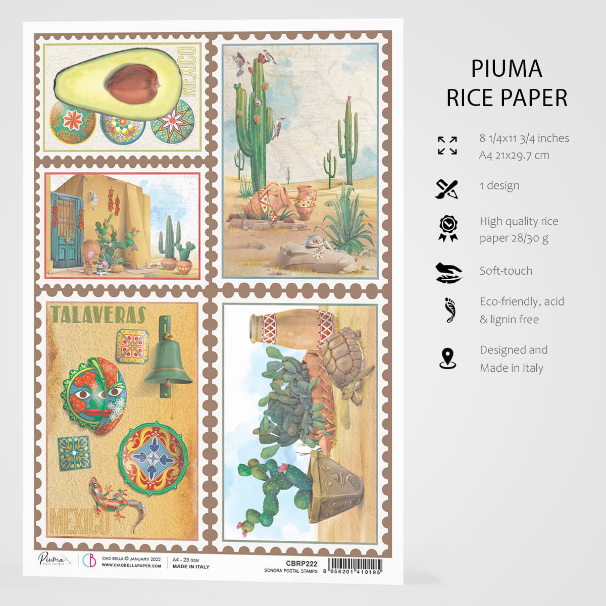 Ciao Bella Papier de riz A4 Timbres-poste Sonora