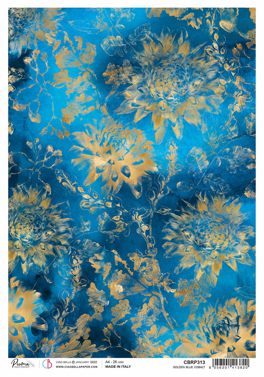 Papier de riz A4 Piuma bleu cobalt doré - 5 feuilles