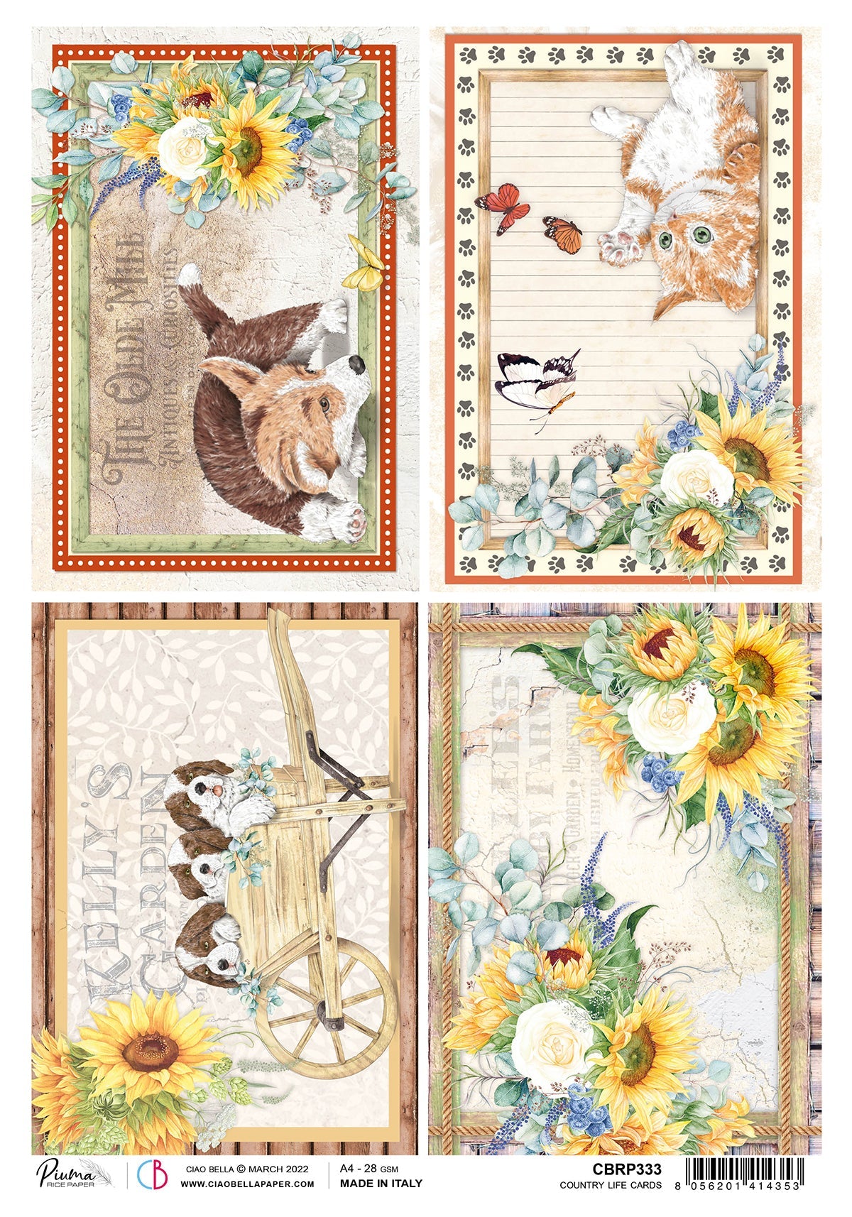 Ciao Bella Papier de Riz A4 Piuma Cartes Country Life - 5 Feuilles