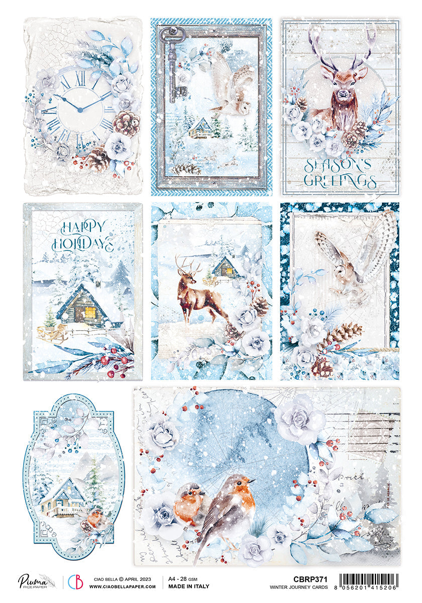 Papier de riz A4 Ciao Bella Piuma Winter Journey Cards - 5 feuilles