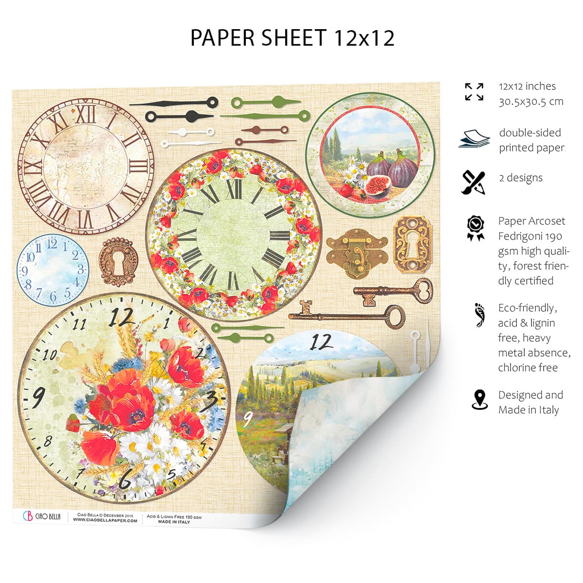 Ciao Bella Feuilles de papier Horloges toscanes 30x30cm 1 Feuille