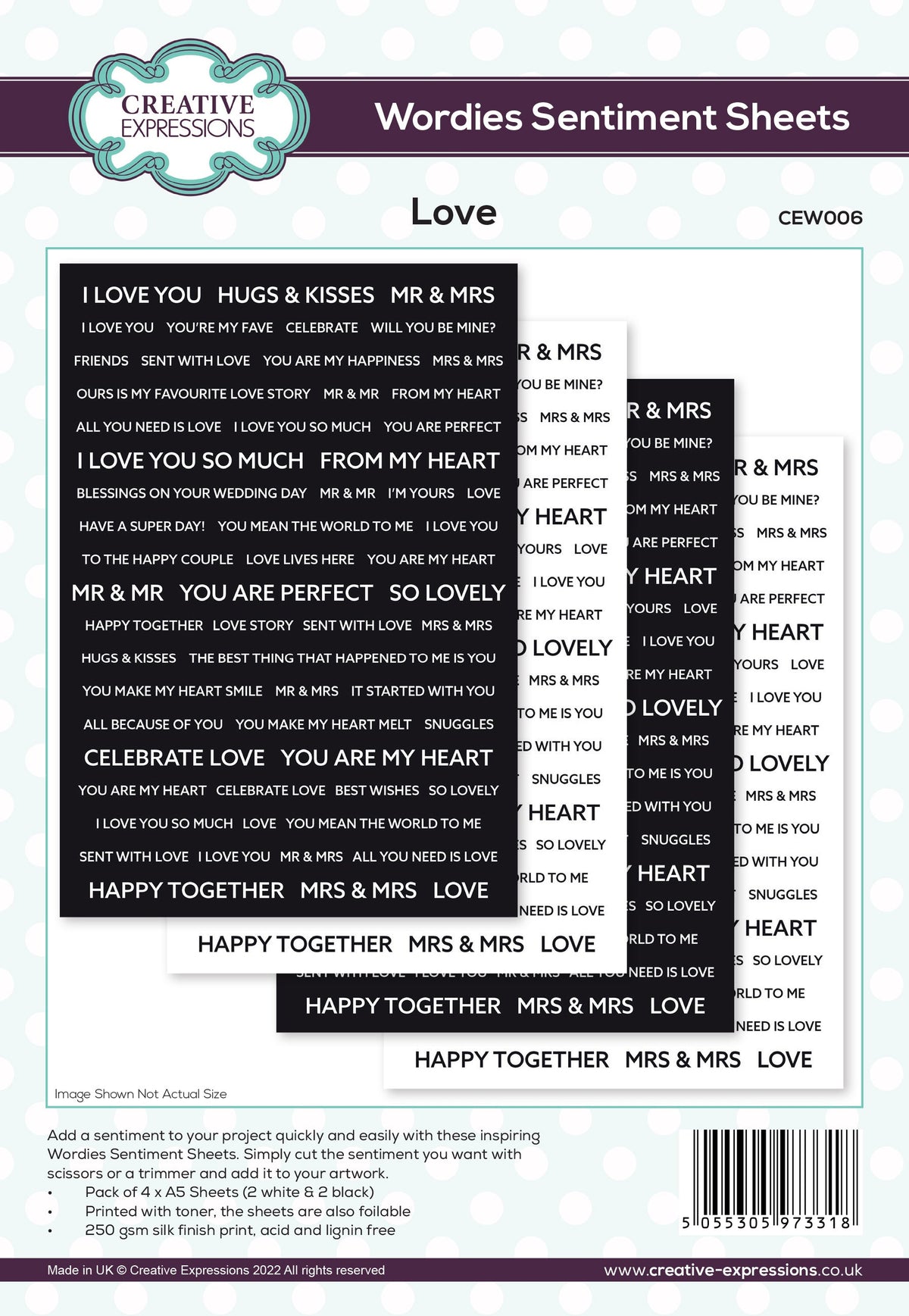 Creative Expressions Wordies Sentiment Sheets - Amour (4 feuilles de 15,2 x 20,3 cm)