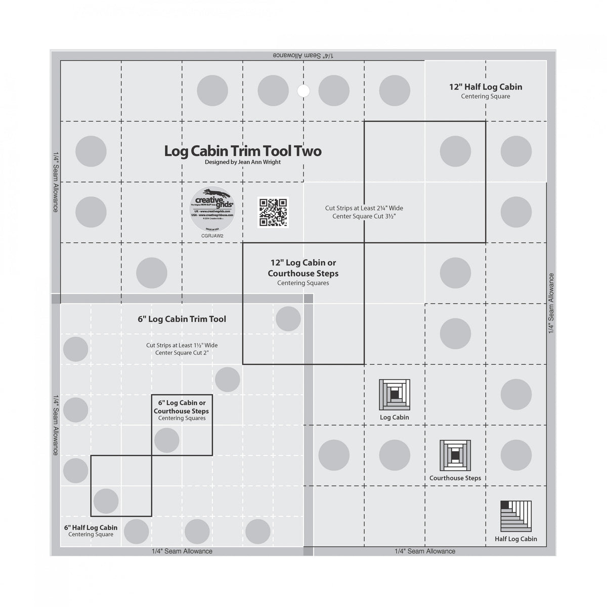 Creative Grids Log Cabin Trim Tool Two 6" & 12" Blocks Quilt Ruler