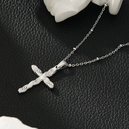 CHAMONIX Silver Toned White Gold: Dainty Beaded Chain Necklace with a Zirconia Embedded Textured Cross Pendent