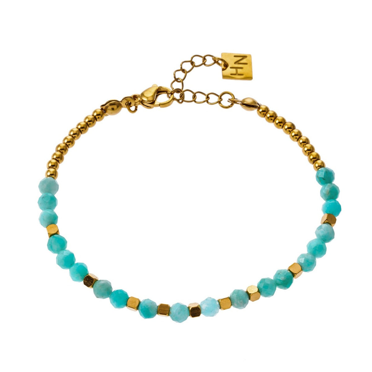 Modèle CLEMENTINA : Bracelet perles dorées et pierres d'amazonite