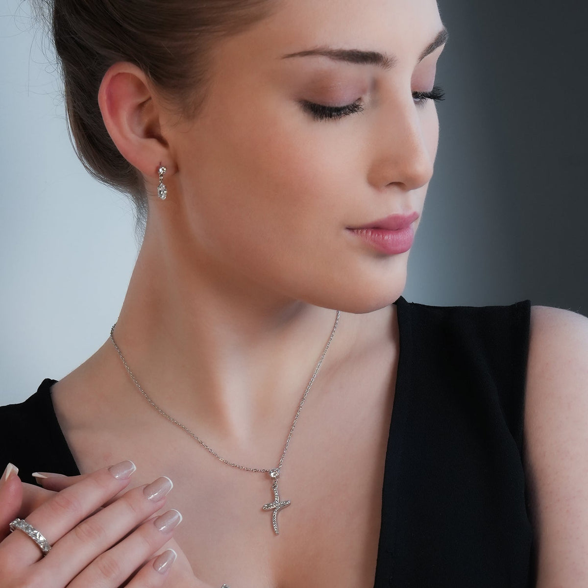 CRISTO Silver (White Gold): Dainty Chain Necklace with a Zirconia Embedded Abstract Textured Cross Pendent