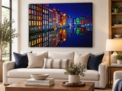 Amsterdam Canal Reflections at Night Canvas Wall Art