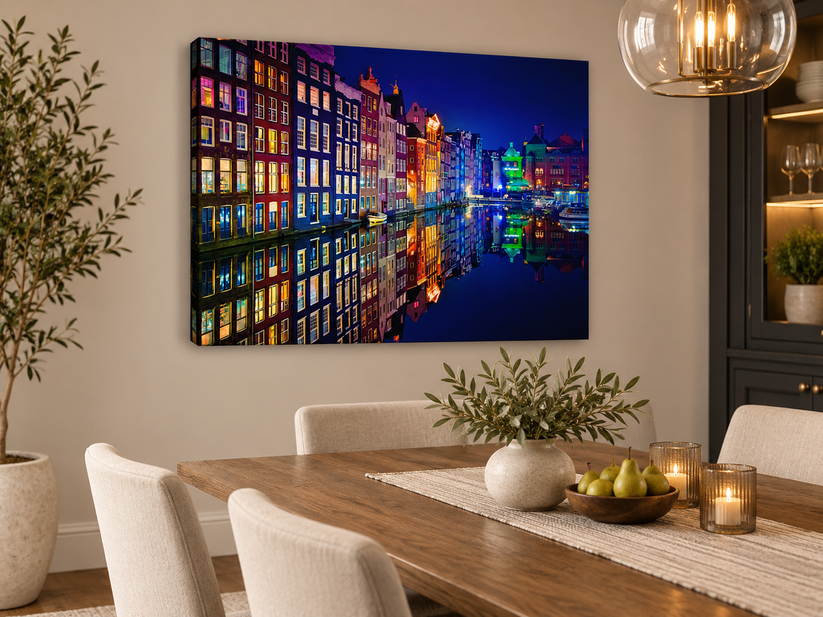 Amsterdam Canal Reflections at Night Canvas Wall Art