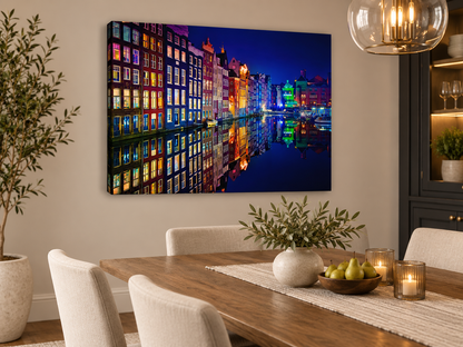 Amsterdam Canal Reflections at Night Canvas Wall Art