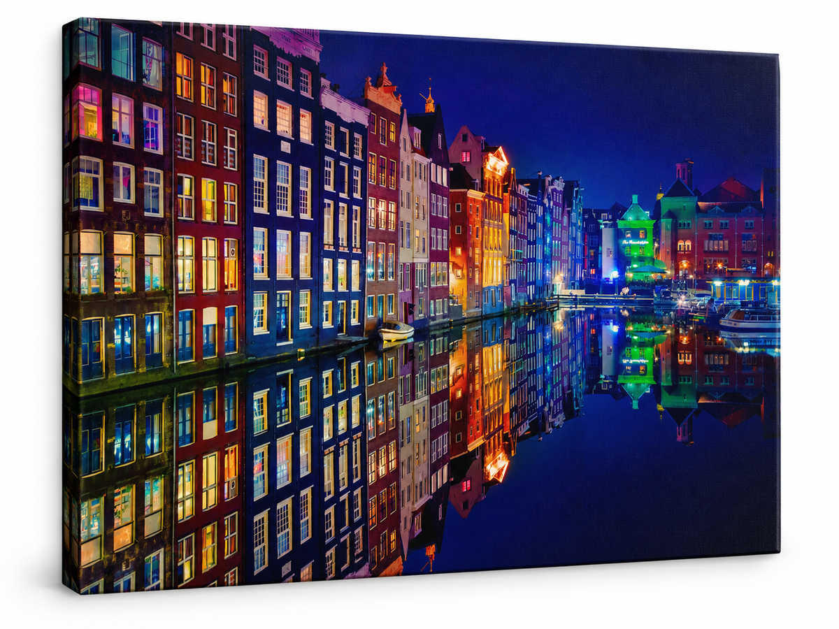 Amsterdam Canal Reflections at Night Canvas Wall Art