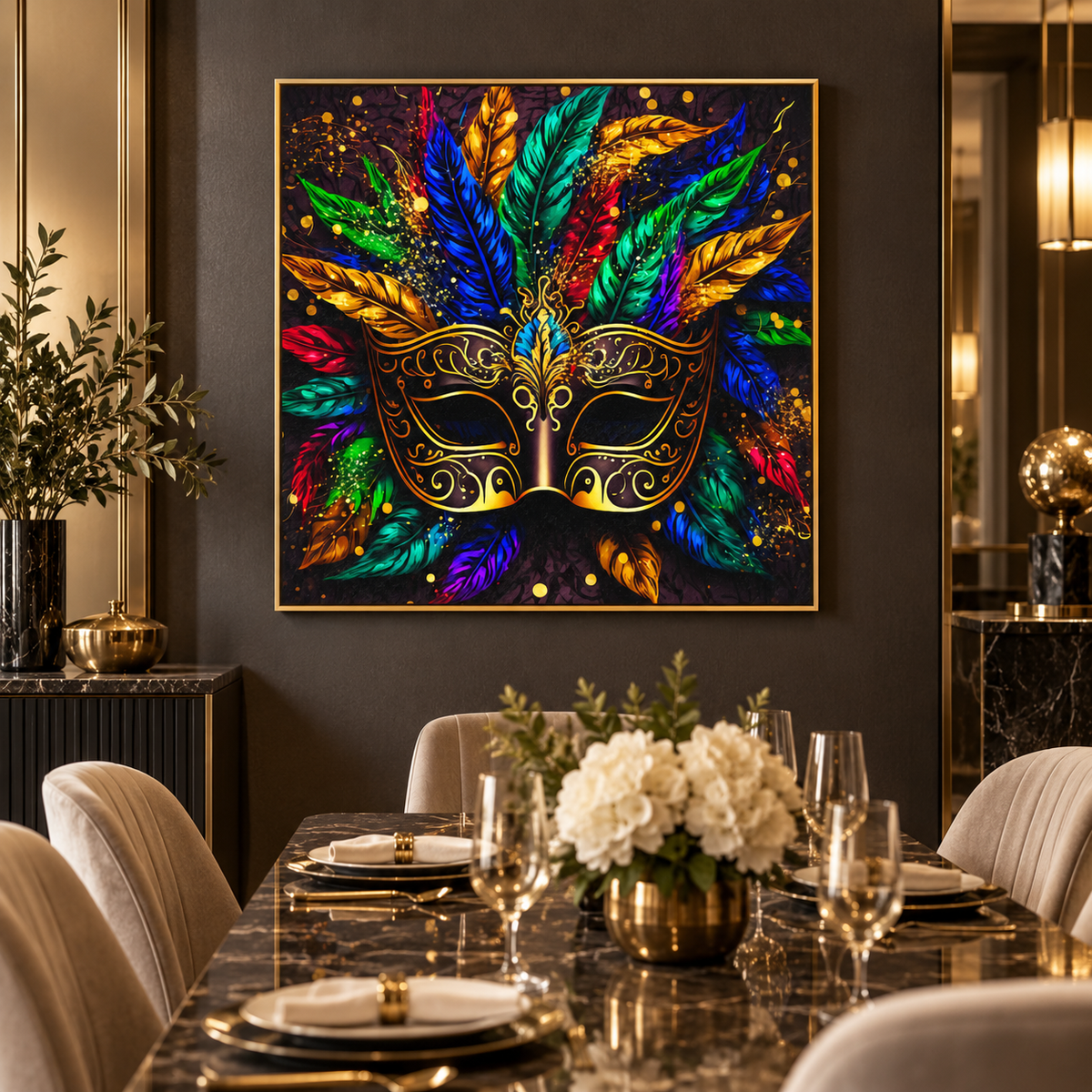 Venetian Masquerade Mask Canvas Wall Art | Colourful Feathers Gold Carnival Print