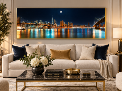 NYC Moon Skyline Panoramic Canvas Wall Art | New York City Night Brooklyn Bridge Large Print