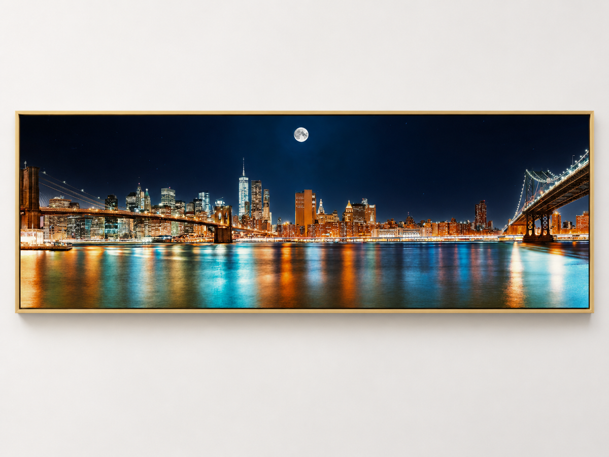 NYC Moon Skyline Panoramic Canvas Wall Art | New York City Night Brooklyn Bridge Large Print