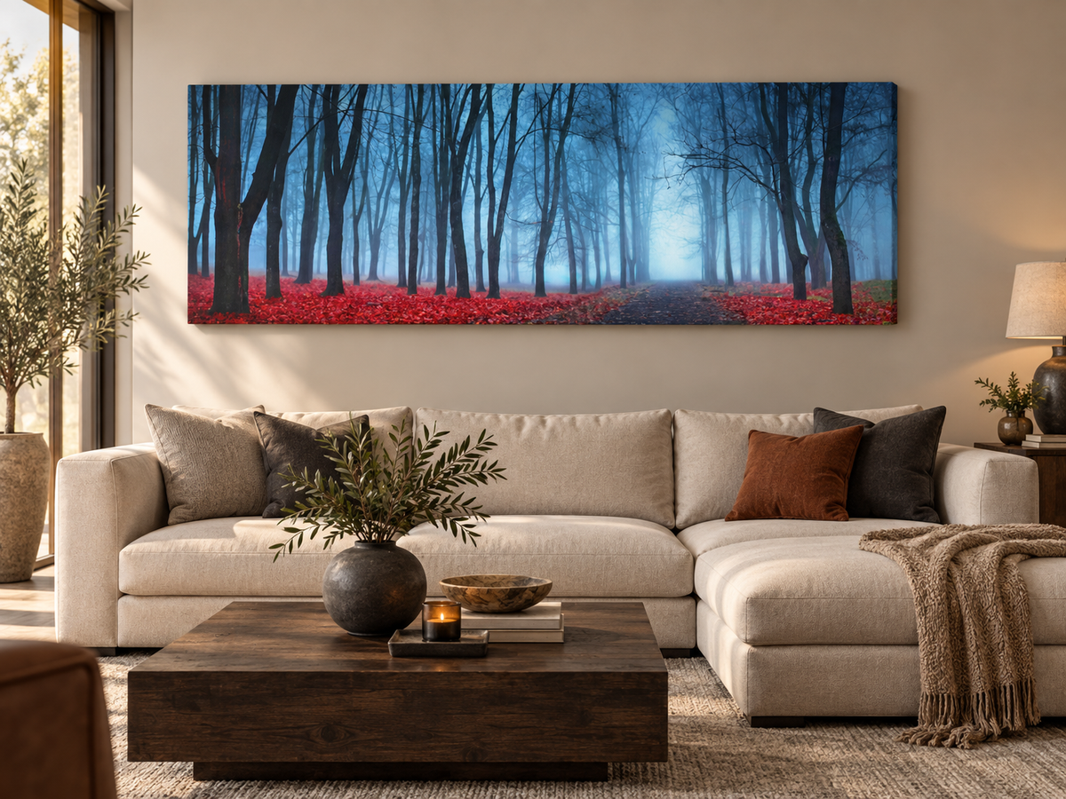 "Blue Mist Trees" Panoramic Canvas Wall Art — 72" Wide