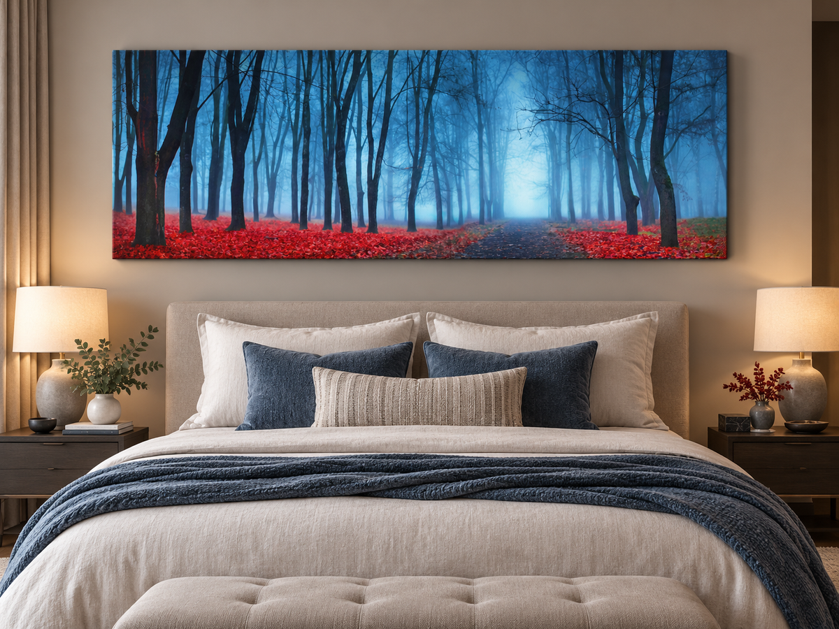 "Blue Mist Trees" Panoramic Canvas Wall Art — 72" Wide