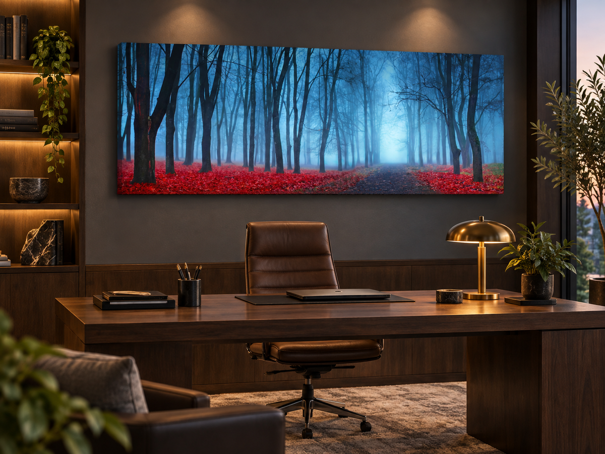 "Blue Mist Trees" Panoramic Canvas Wall Art — 72" Wide