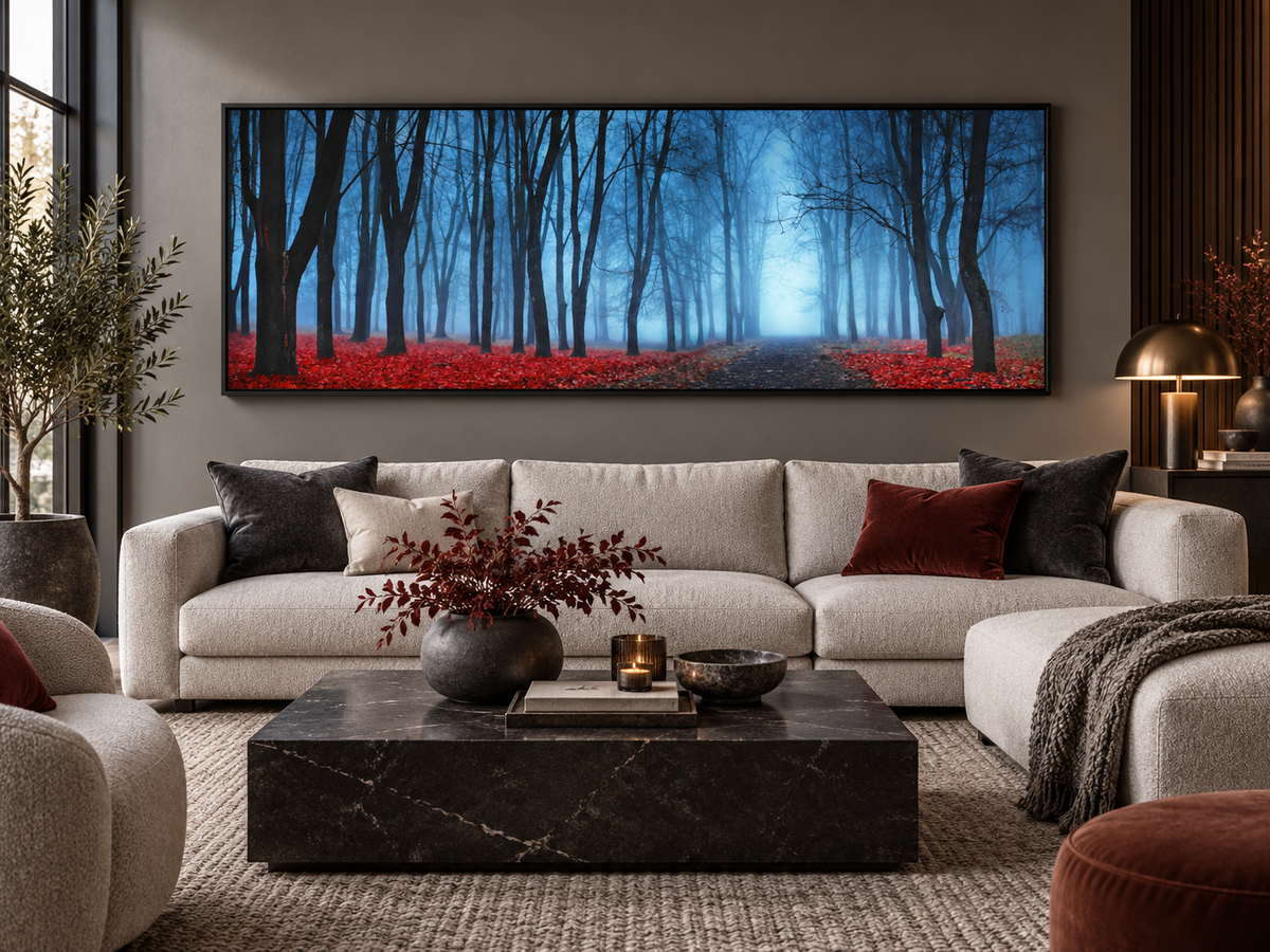 "Blue Mist Trees" Panoramic Canvas Wall Art — 72" Wide