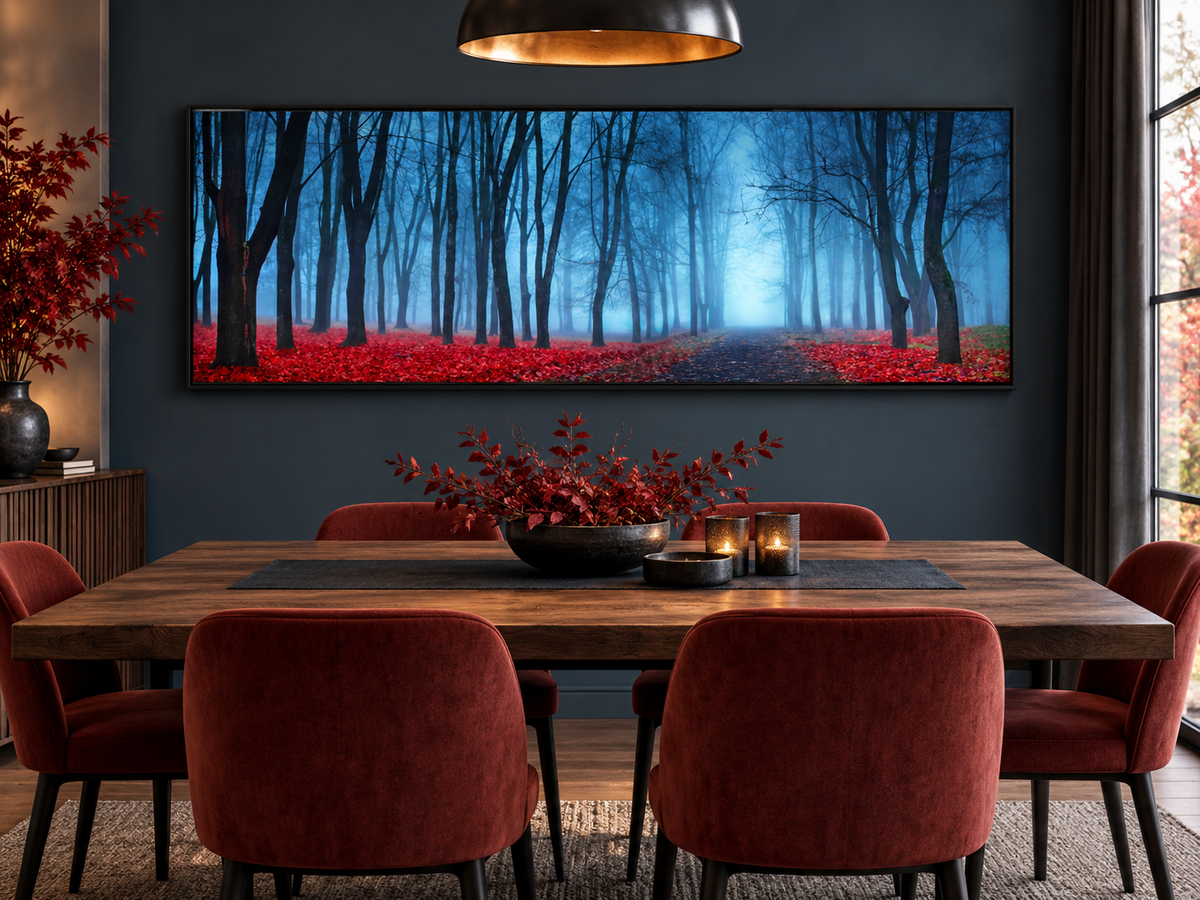 "Blue Mist Trees" Panoramic Canvas Wall Art — 72" Wide
