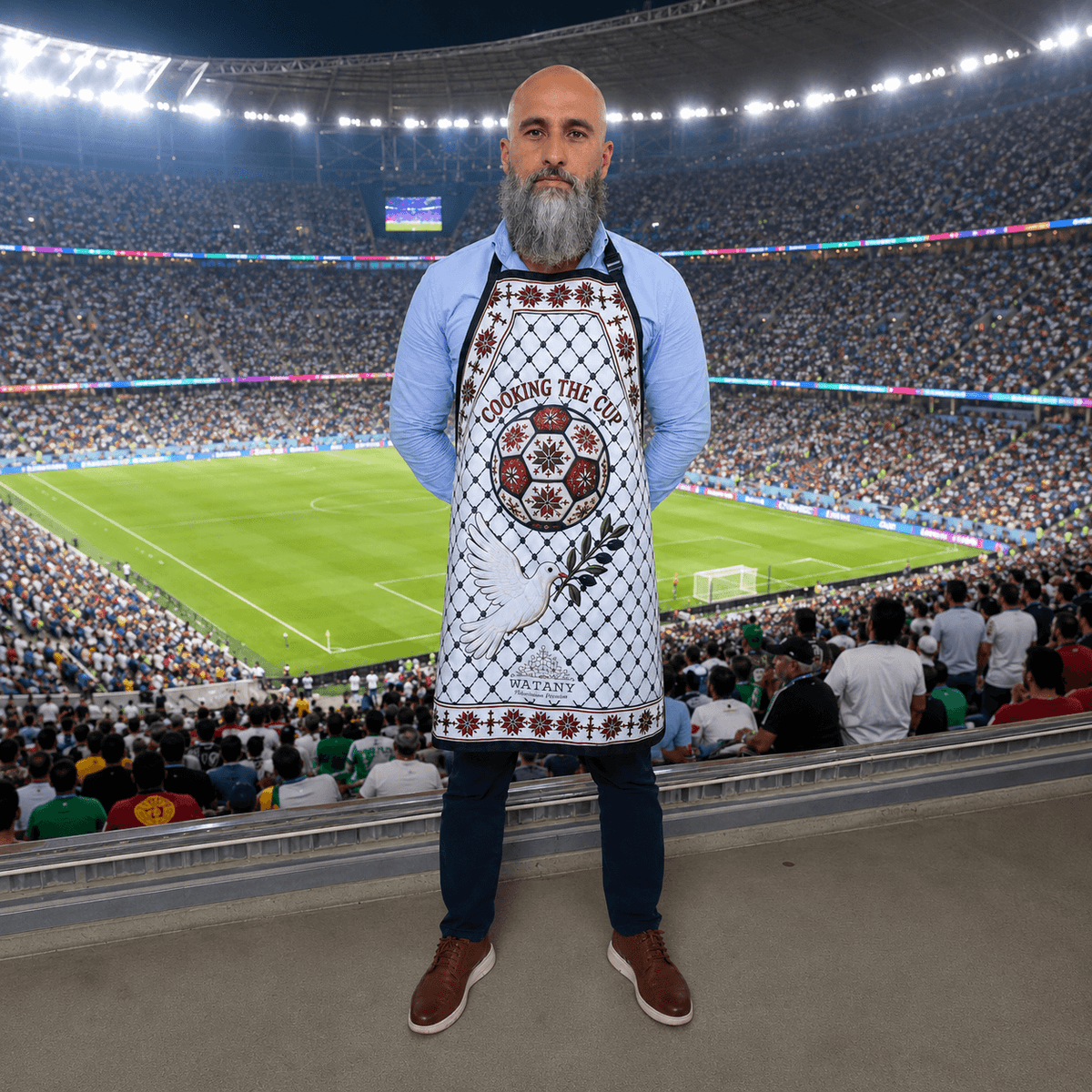 Palestinian Tatreez Apron | Cooking the Cup Heritage Kitchen Apron with Kufiya & Football Design