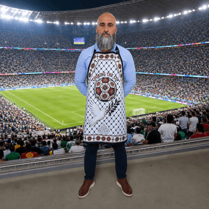 Palestinian Tatreez Apron | Cooking the Cup Heritage Kitchen Apron with Kufiya & Football Design