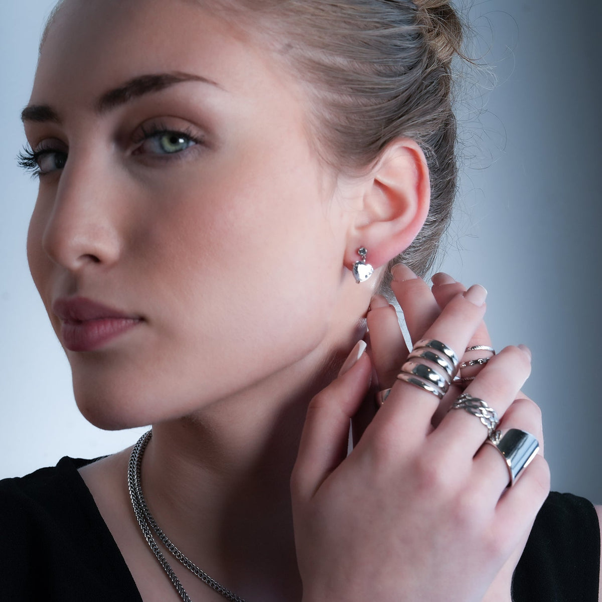 DAROCCA Argent (Or Blanc) : Boucles d'oreilles clous combo en Zirconium, grand cœur et mini solitaire rond