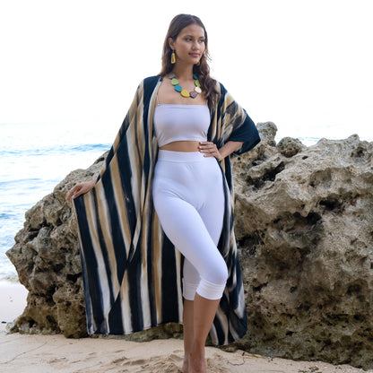 Kimono long abstrait audacieux en tie-dye gris et or