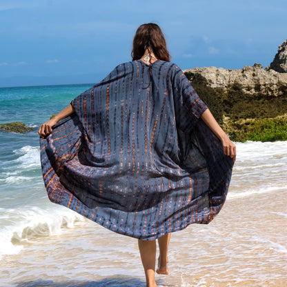 Long kimono en denim et tie-dye doré