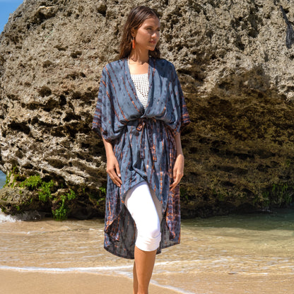 Long kimono en denim et tie-dye doré