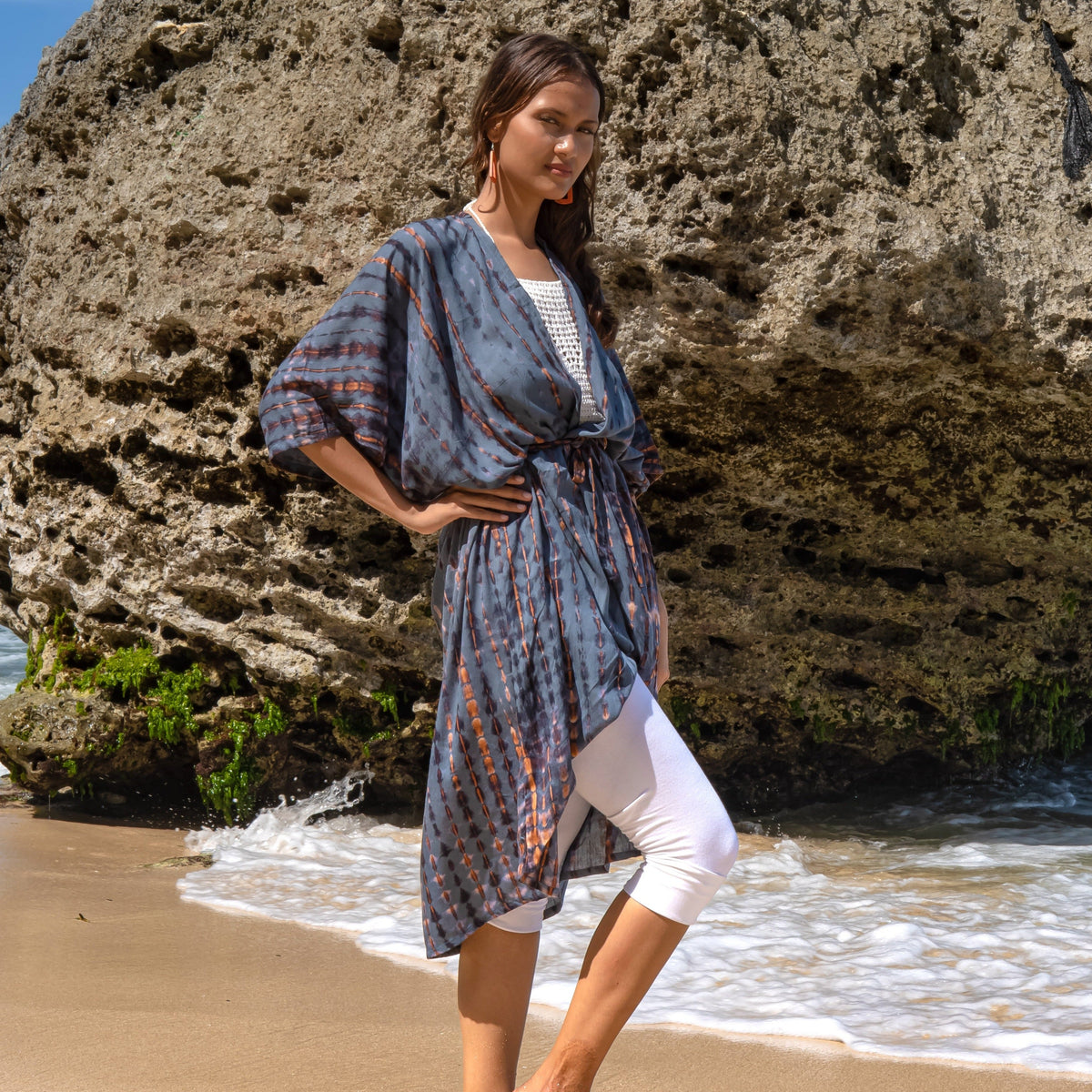 Long kimono en denim et tie-dye doré