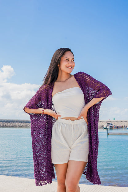 Kimono en tricot popcorn mi-long - Violet