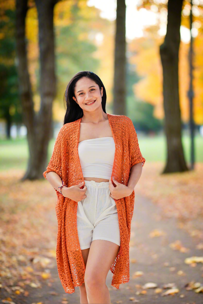 Mid Length Popcorn Knit Kimono - Orange