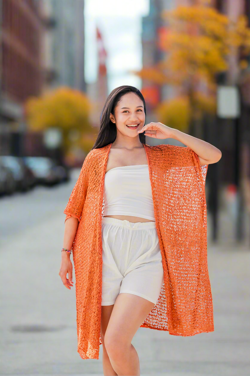 Mid Length Popcorn Knit Kimono - Orange