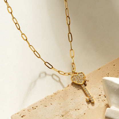 JAZRINA Gold: Pavé Key & Heart Pendant on a Paper Clip Chain Necklace