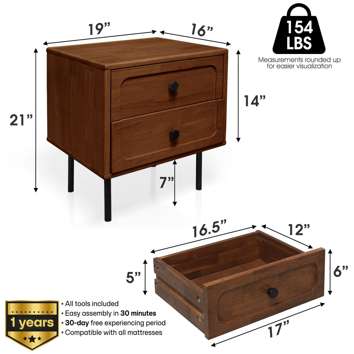 Savana Two Drawers Solid Wood Nightstand