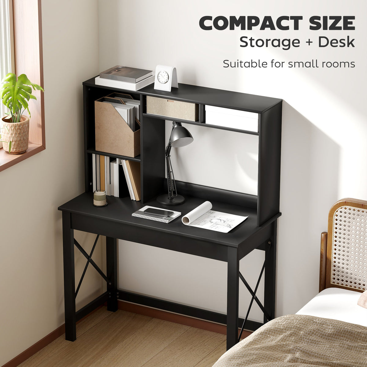 Bureau informatique Sloan avec surmeuble et étagères de rangement - Noir
