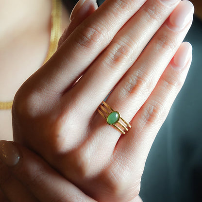 ELMARIE: Triple Banded Textured Ring with Green Aventurine Stone Centre Piece