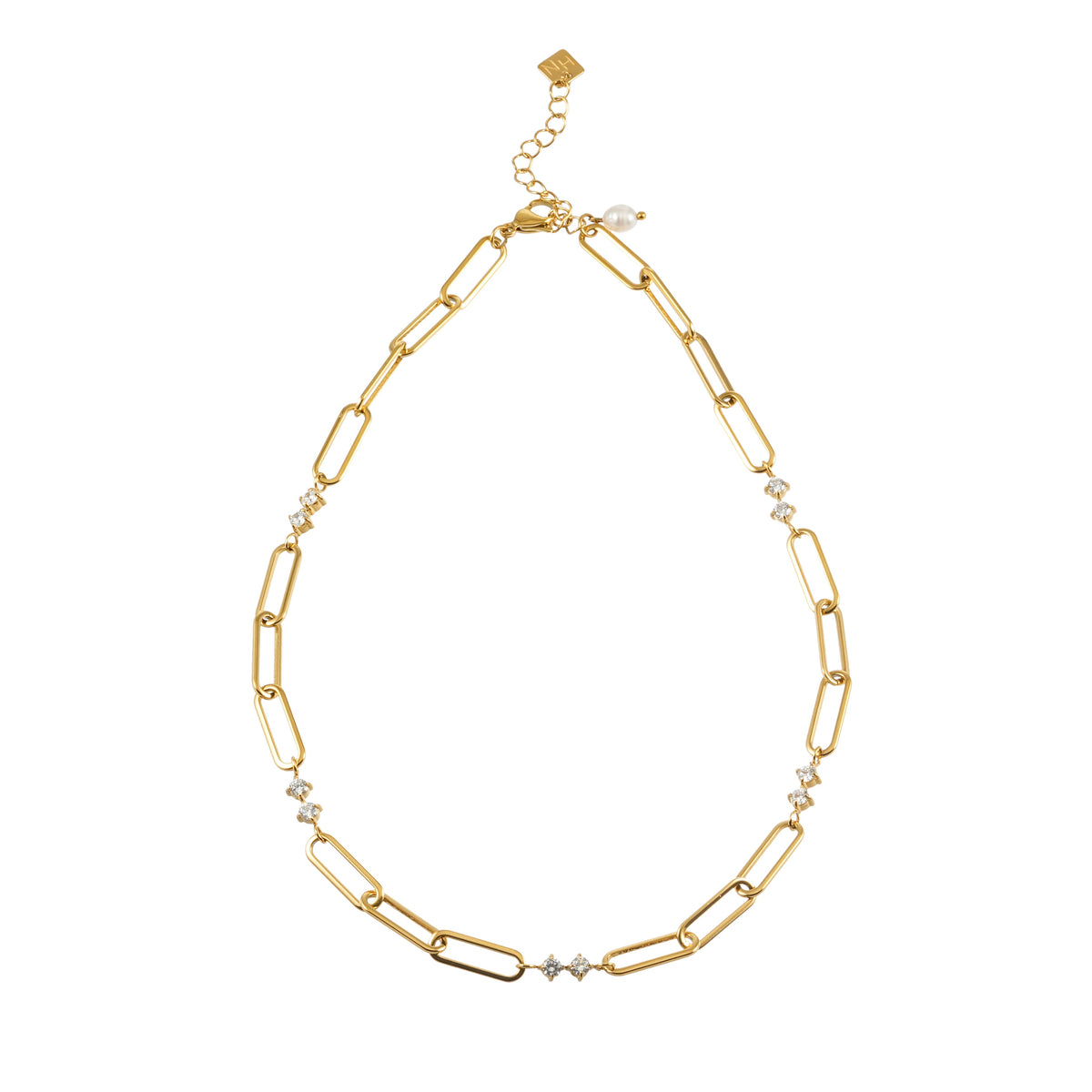 Collier en or ELOPPINA : Chaîne trombone avec accents en zircon et un pendentif perle d'eau douce