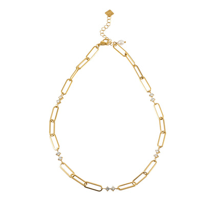 Collier en or ELOPPINA : Chaîne trombone avec accents en zircon et un pendentif perle d'eau douce