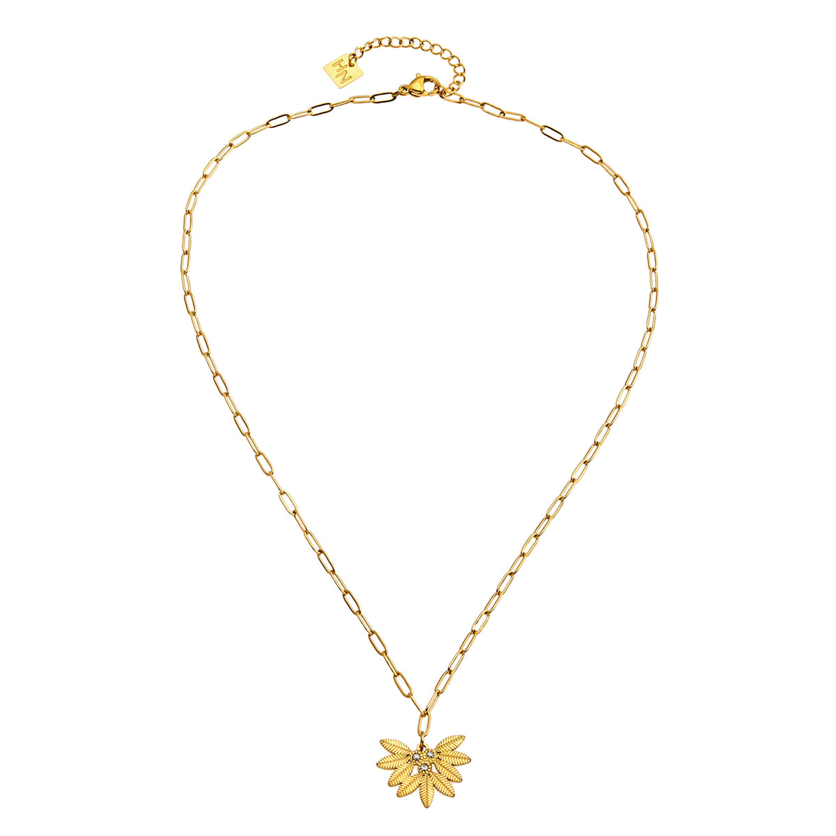 Chaîne trombone ENOLA Mini avec feuilles et pendentif zircon en or