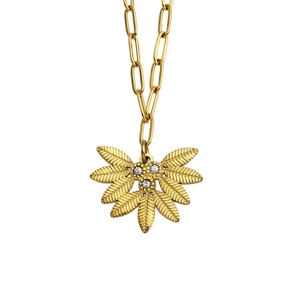 Chaîne trombone ENOLA Mini avec feuilles et pendentif zircon en or