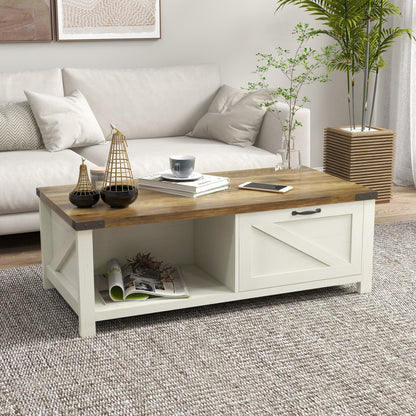 Table basse Lowen Farmhouse avec tiroir et étagère de rangement ouverte - Marron