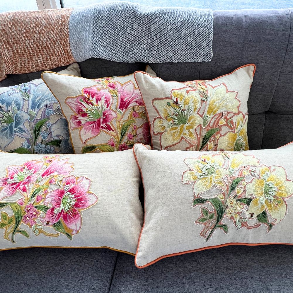 16x16" Embroidered Floral Square Pillow Cover – Cotton Front, Paper Silk Back
