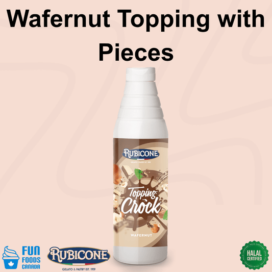 Hazelnut Topping with Pieces - 1 KG Squeeze Bottle - Wafernut Crock Topping - Rubicone Canada - Ships Free Within Canada on Orders Above CAD $199